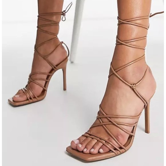 ASOS Shoes - Asos Design Nina Strappy Tie Leg Heeled Sandals Beige Size 8
